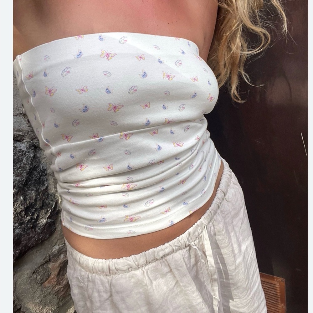 Djerf Avenue Cream Strapless Butterfly Print Tube Top